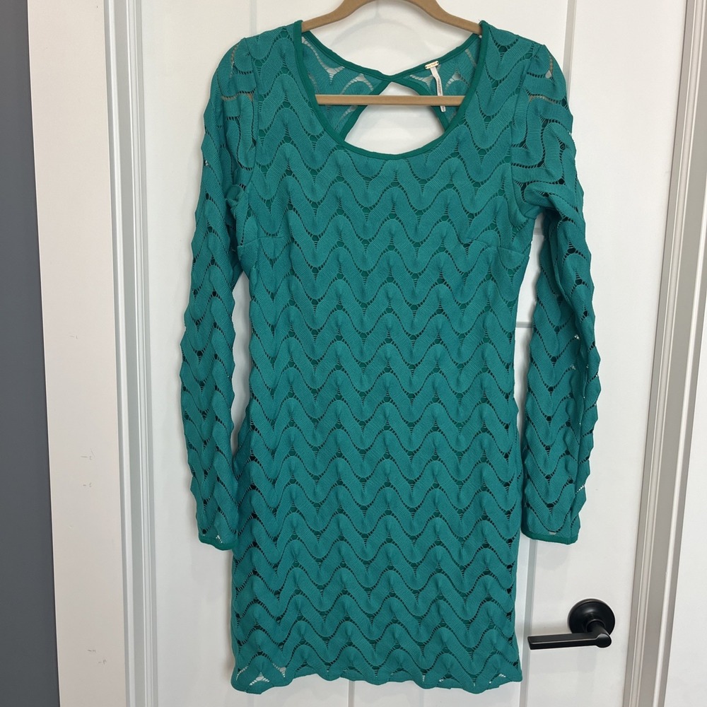 Free People Wild Thing Emerald Green Crochet Dress Size Medium Preppy Boho Party